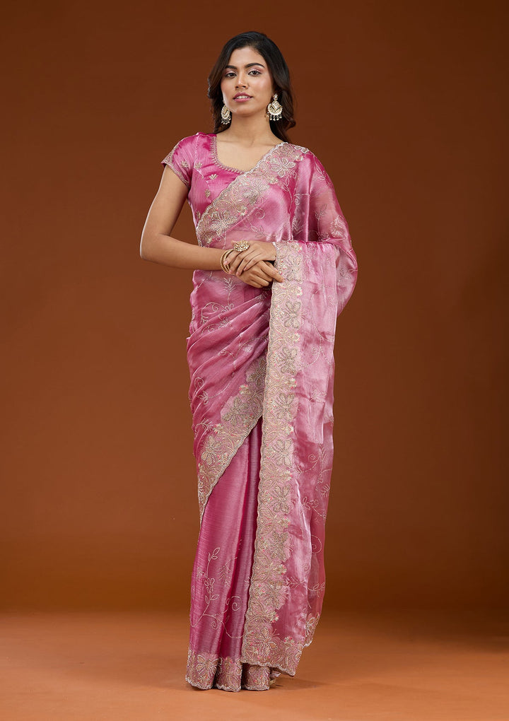 Pink Stonework (Gold) Organza Saree_koskii