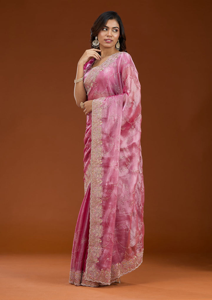 Pink Stonework (Gold) Organza Saree_koskii