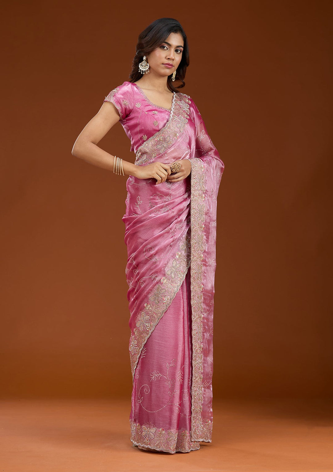 Pink Stonework (Gold) Organza Saree_koskii