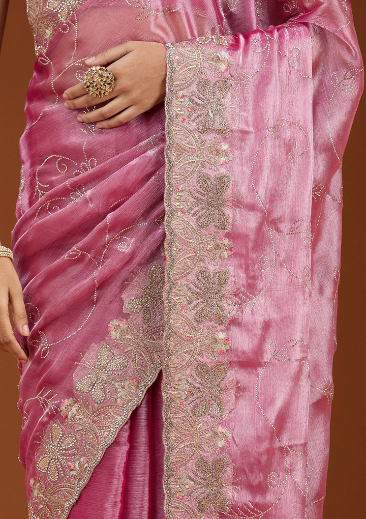 Pink Stonework (Gold) Organza Saree_koskii