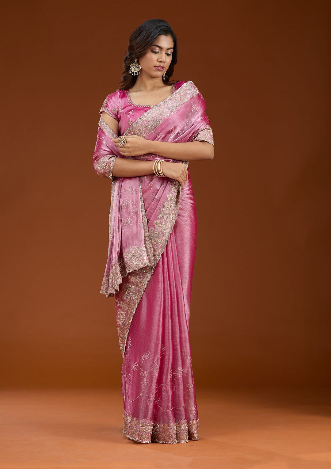 Pink Stonework (Gold) Organza Saree_koskii