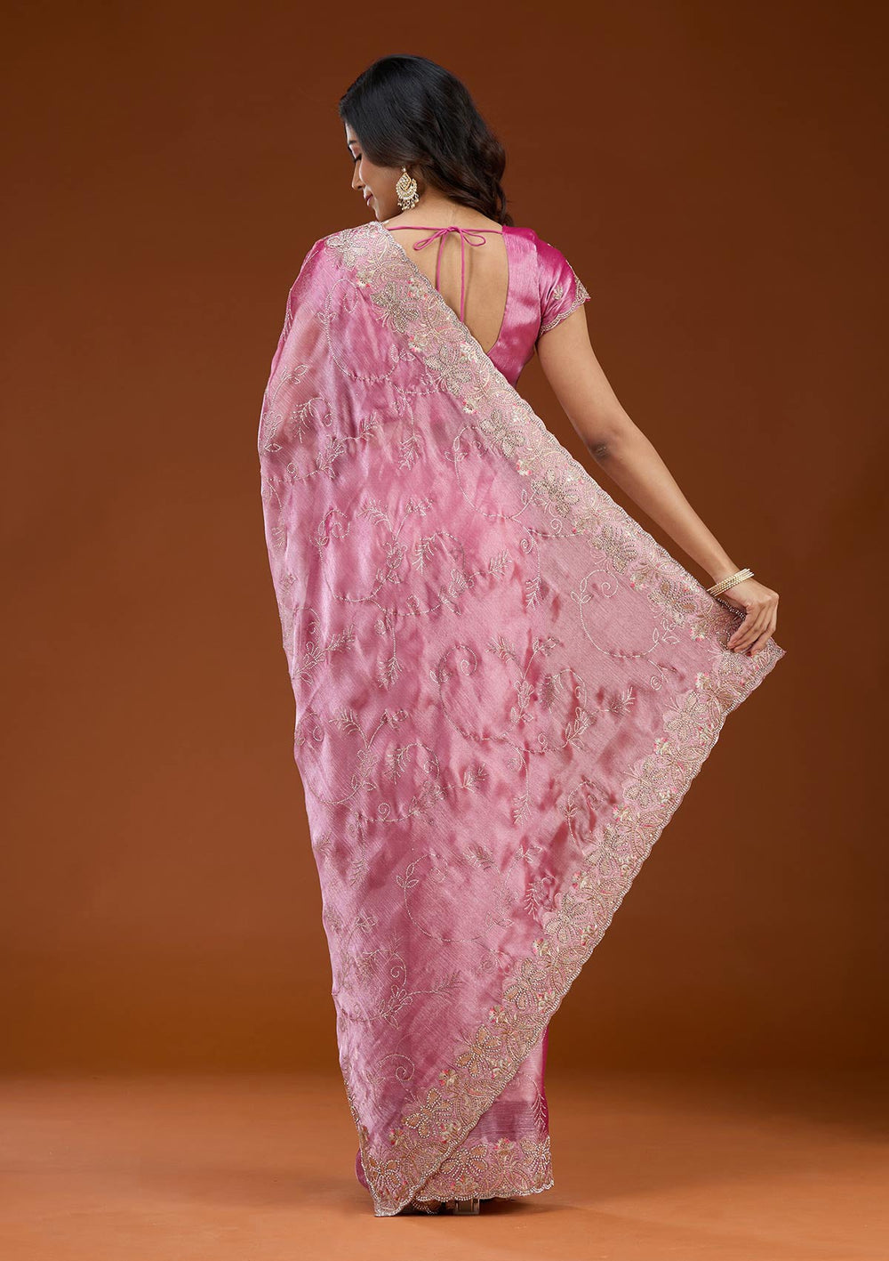 Pink Stonework (Gold) Organza Saree_koskii