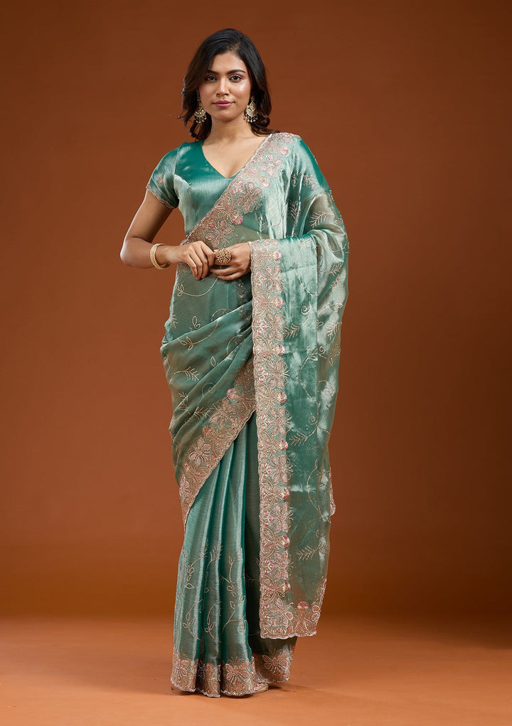 Sea Green Stonework (Gold) Organza Saree_koskii
