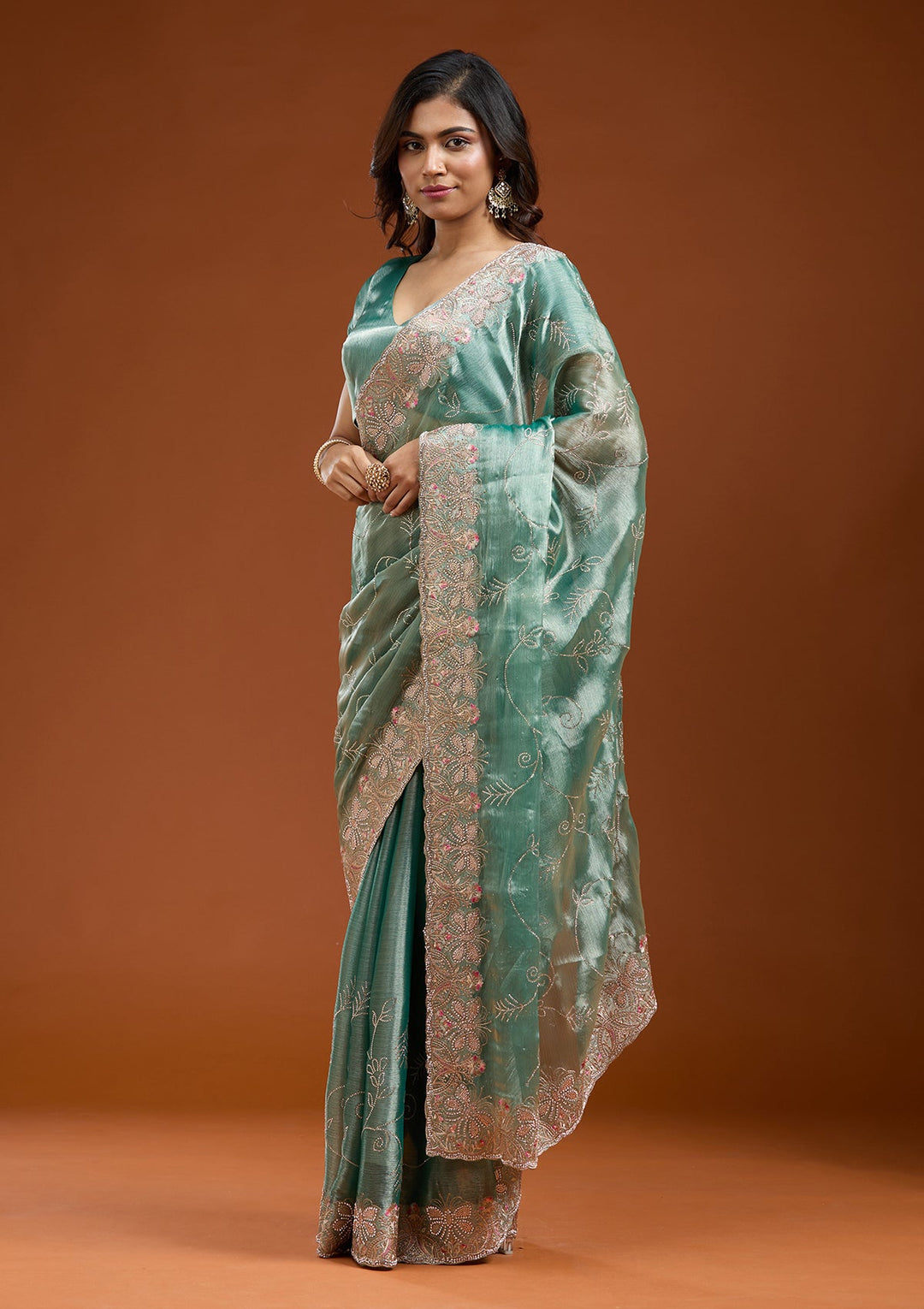 Sea Green Stonework (Gold) Organza Saree_koskii