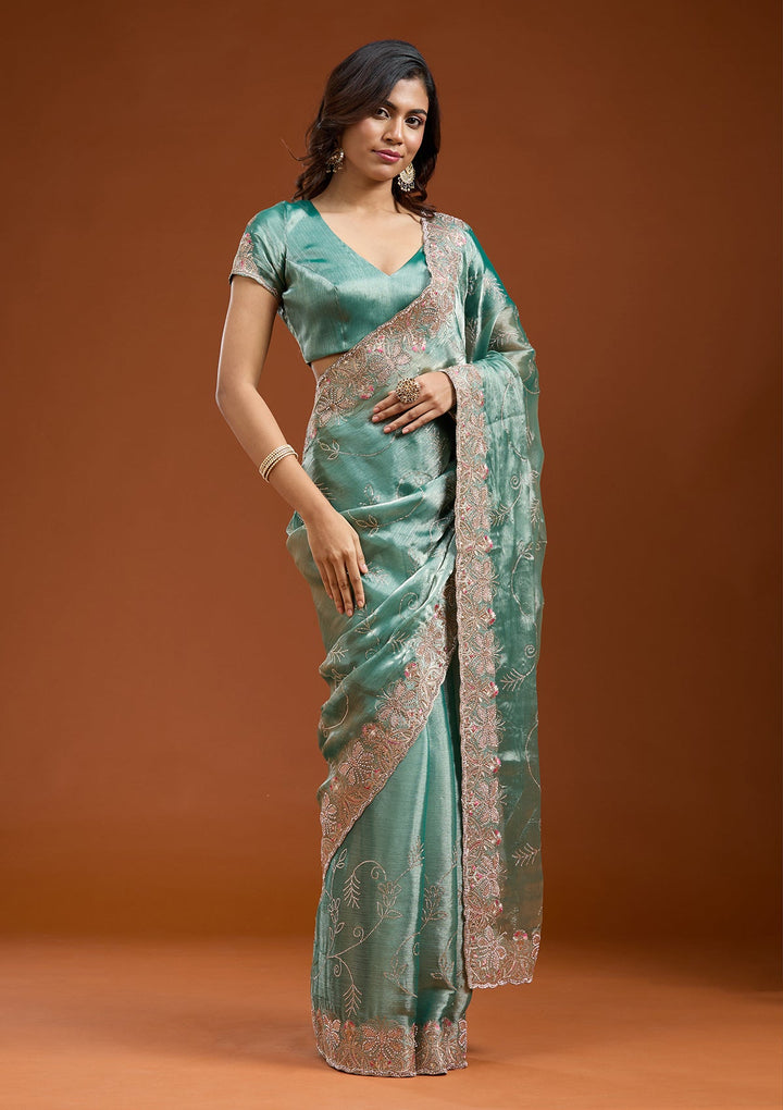Sea Green Stonework (Gold) Organza Saree_koskii