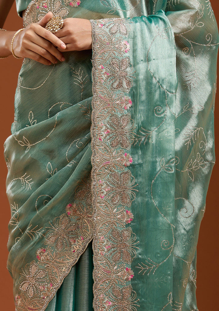 Sea Green Stonework (Gold) Organza Saree_koskii