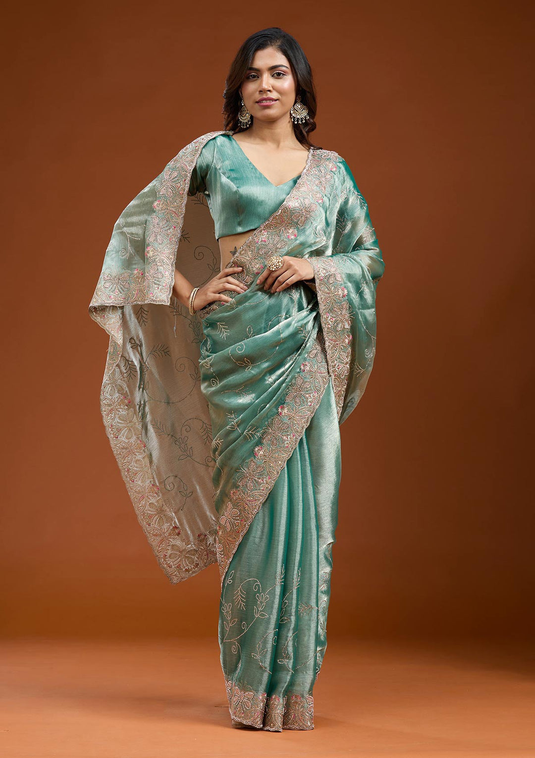Sea Green Stonework (Gold) Organza Saree_koskii