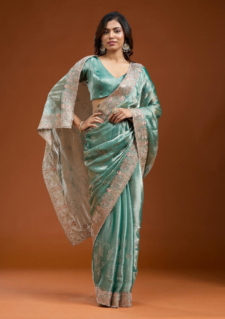 Sea Green Stonework (Gold) Organza Saree_koskii