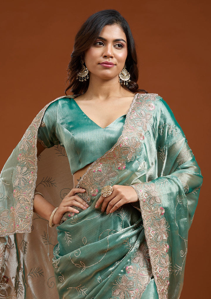 Sea Green Stonework (Gold) Organza Saree_koskii