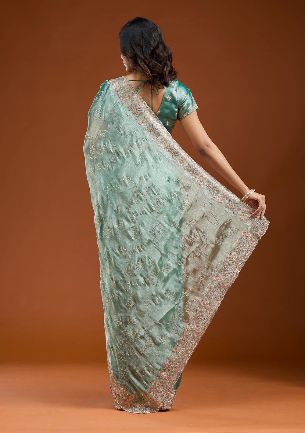 Sea Green Stonework (Gold) Organza Saree_koskii