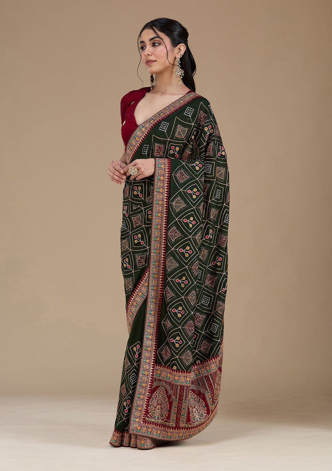 Mehendi Threadwork Soft Raw Silk Saree_koskii