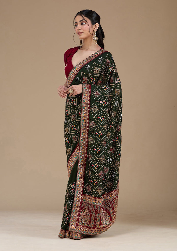 Mehendi Threadwork Soft Raw Silk Saree_koskii