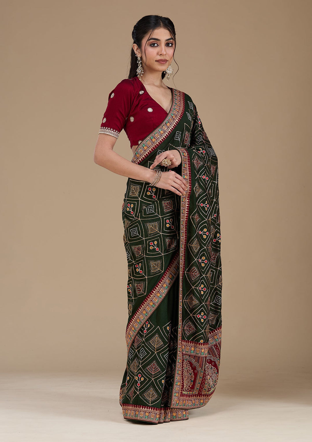 Mehendi Threadwork Soft Raw Silk Saree_koskii