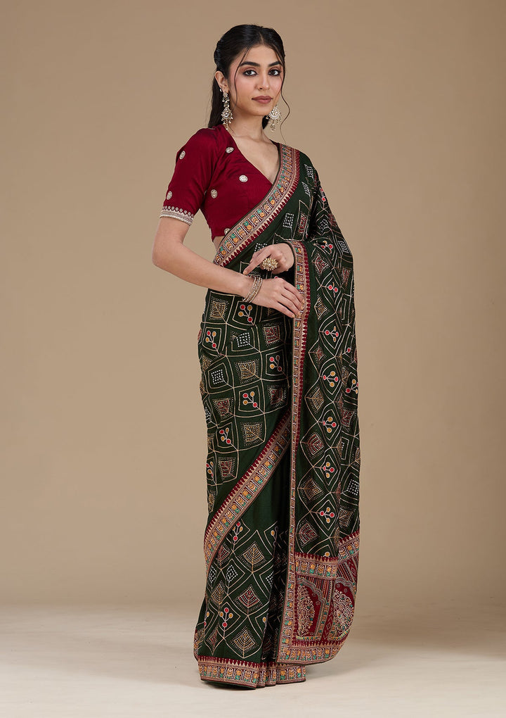 Mehendi Threadwork Soft Raw Silk Saree_koskii