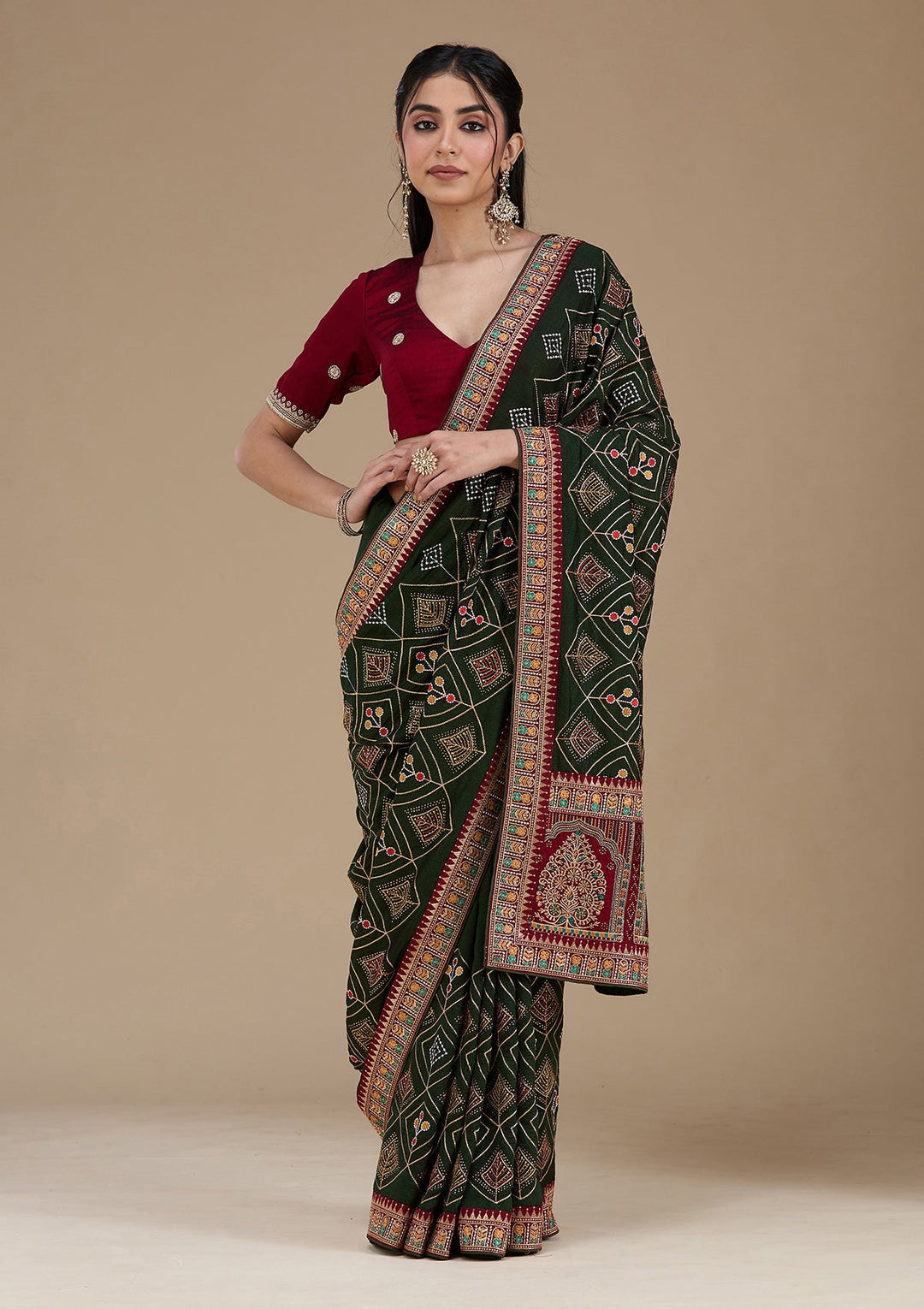 Mehendi Threadwork Soft Raw Silk Saree_koskii
