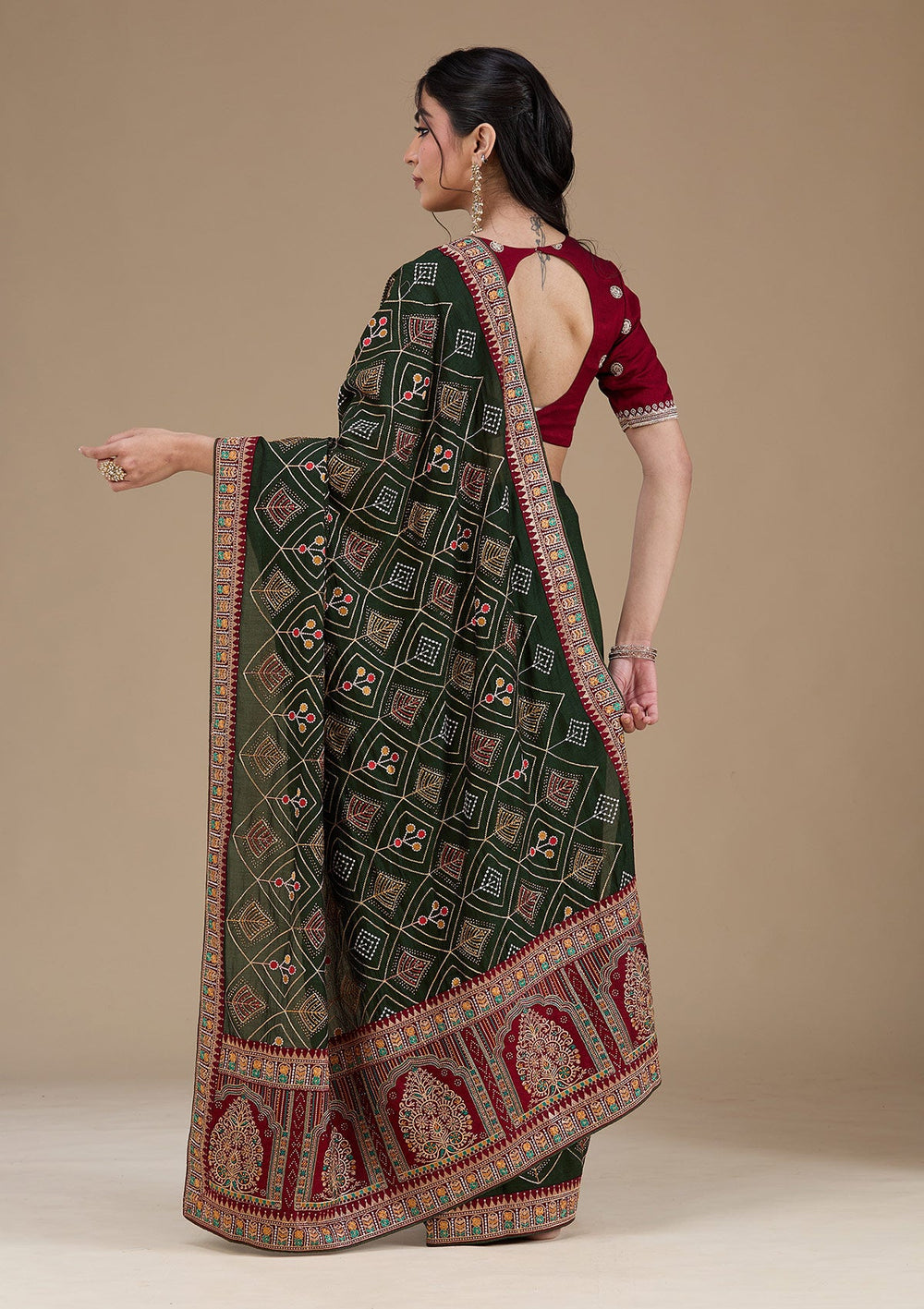 Mehendi Threadwork Soft Raw Silk Saree_koskii