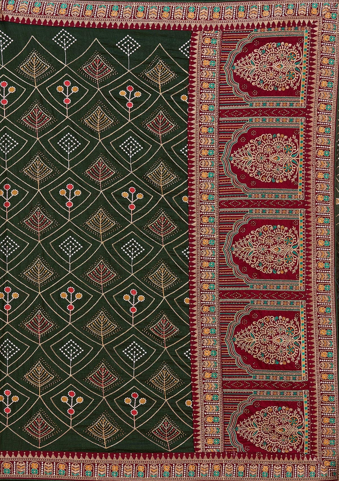 Mehendi Threadwork Soft Raw Silk Saree_koskii