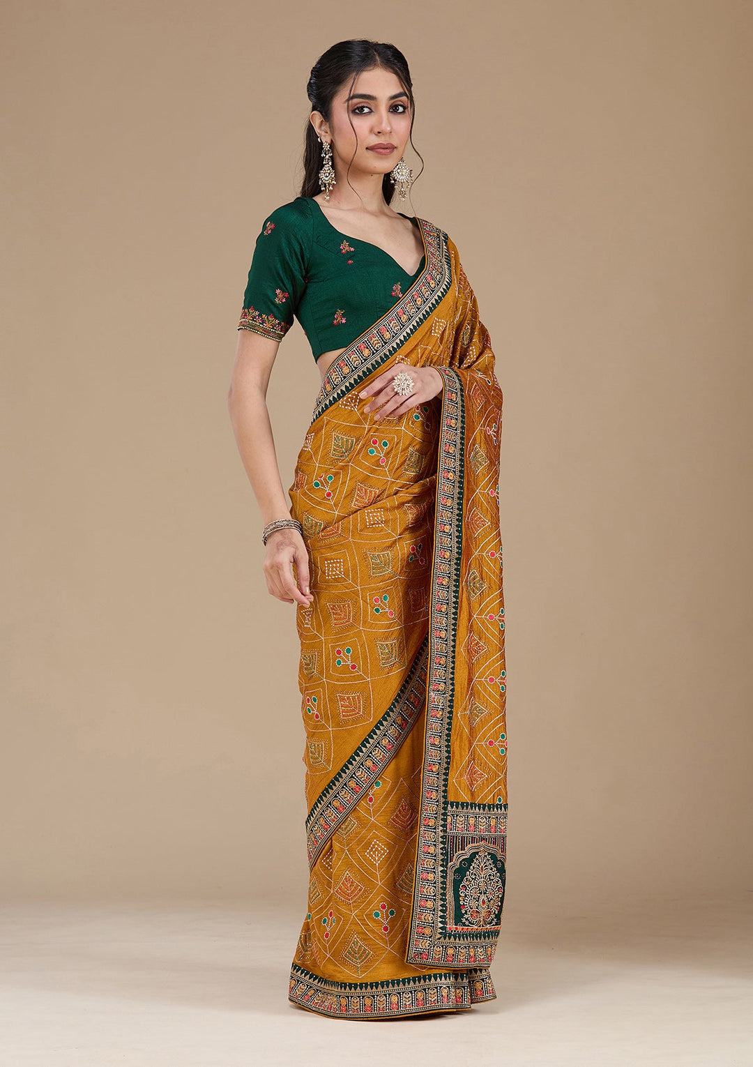 Mustard Threadwork Soft Raw Silk Saree_koskii