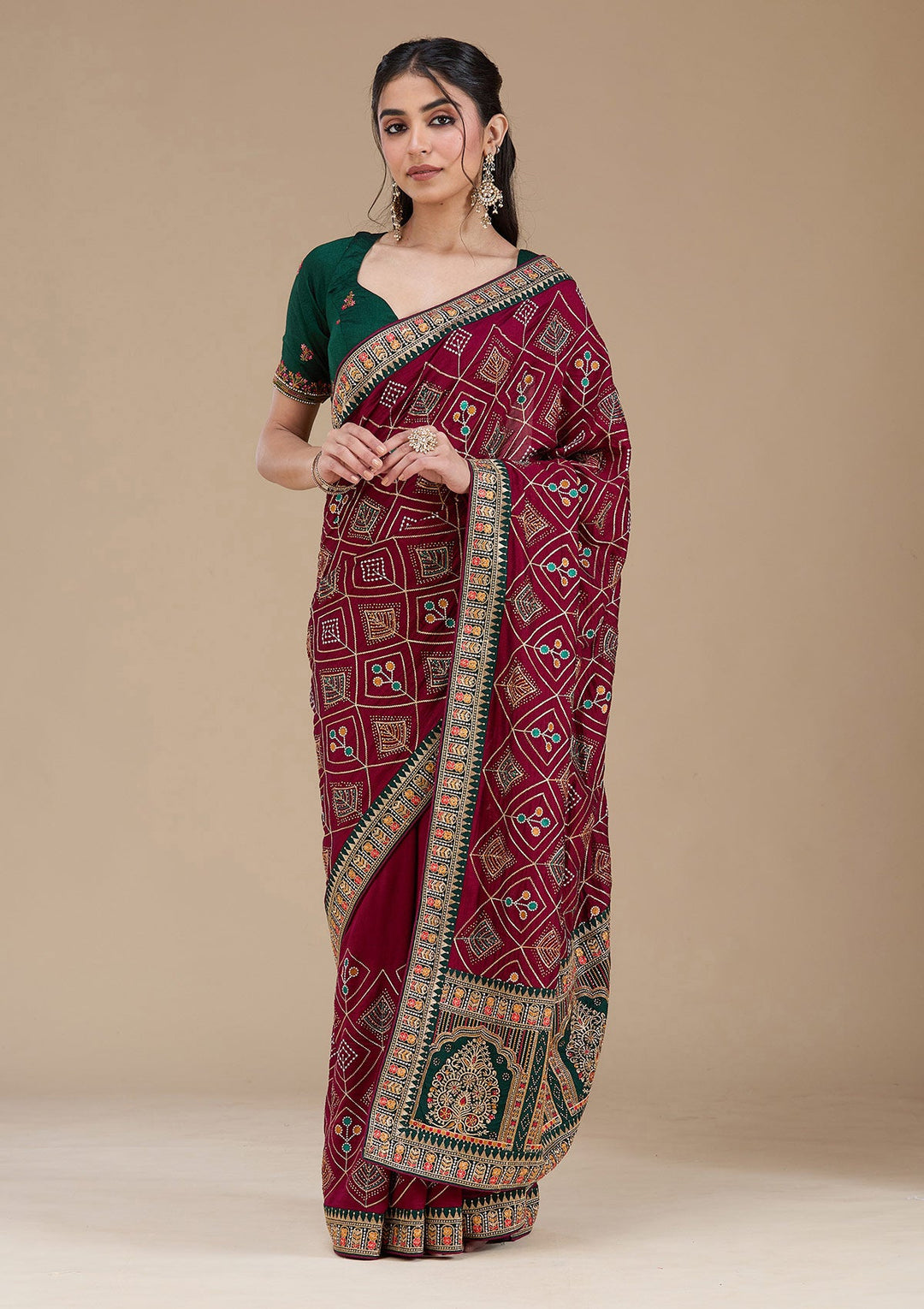 Wine Threadwork Soft Raw Silk Saree_koskii