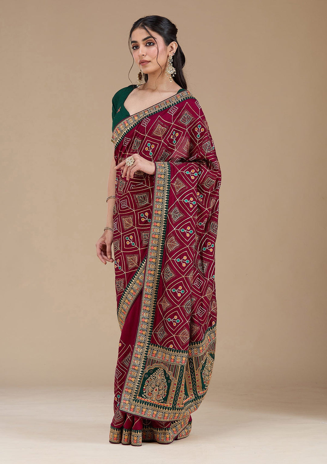 Wine Threadwork Soft Raw Silk Saree_koskii