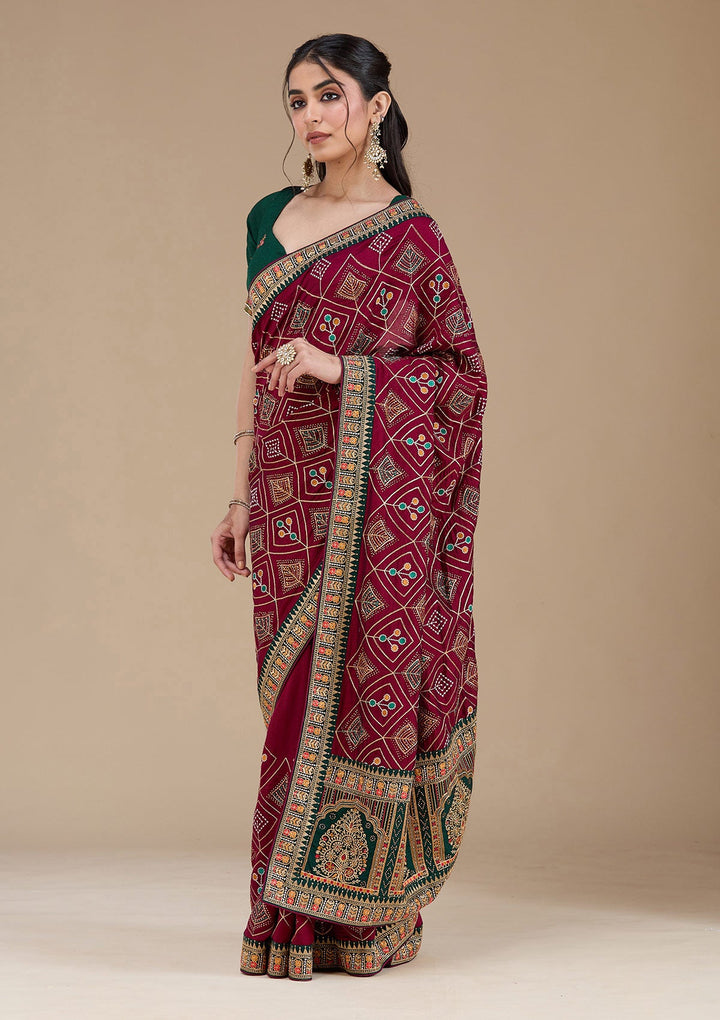 Wine Threadwork Soft Raw Silk Saree_koskii