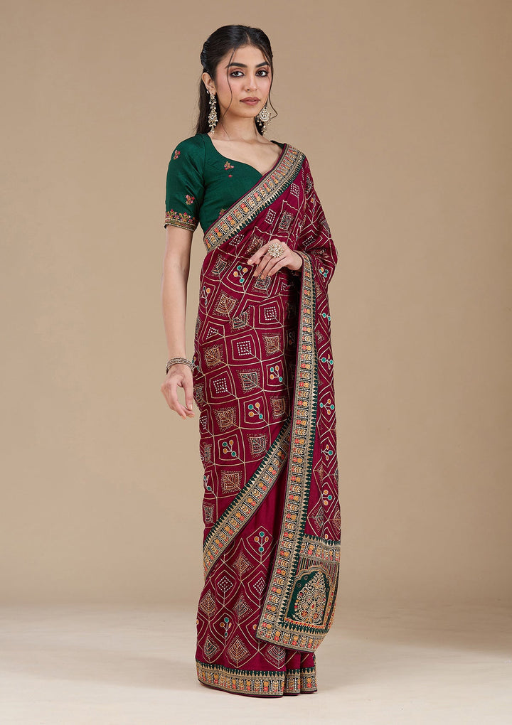 Wine Threadwork Soft Raw Silk Saree_koskii
