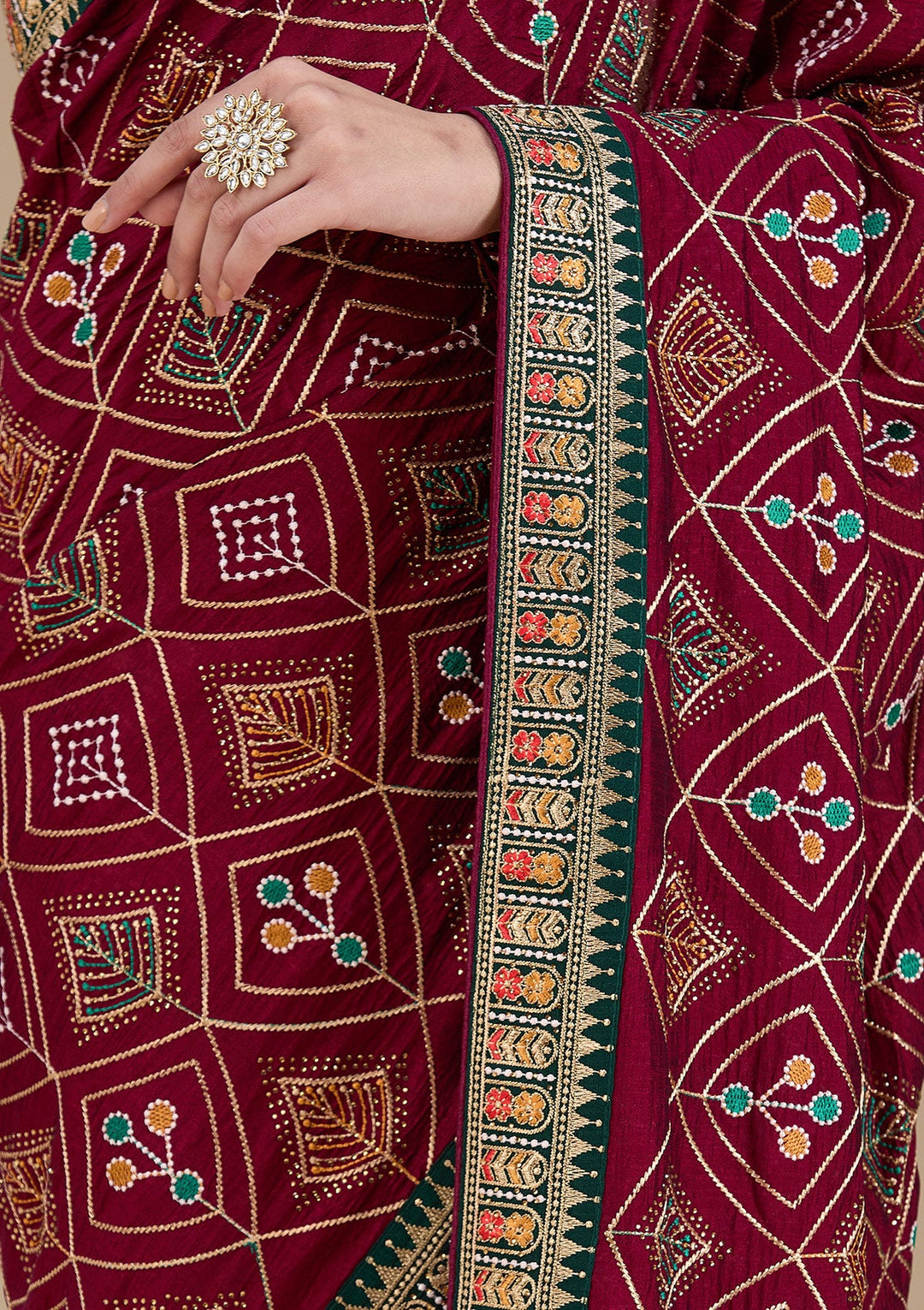 Wine Threadwork Soft Raw Silk Saree_koskii