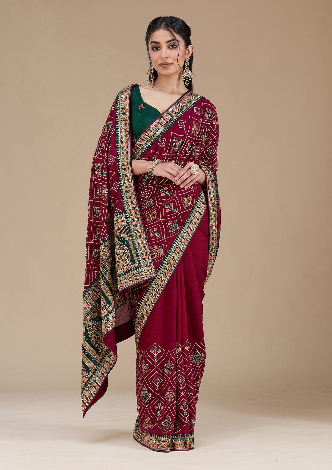 Wine Threadwork Soft Raw Silk Saree_koskii