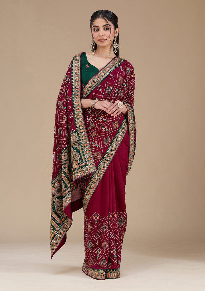 Wine Threadwork Soft Raw Silk Saree_koskii