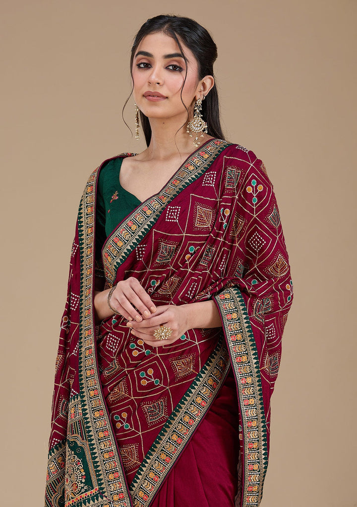 Wine Threadwork Soft Raw Silk Saree_koskii