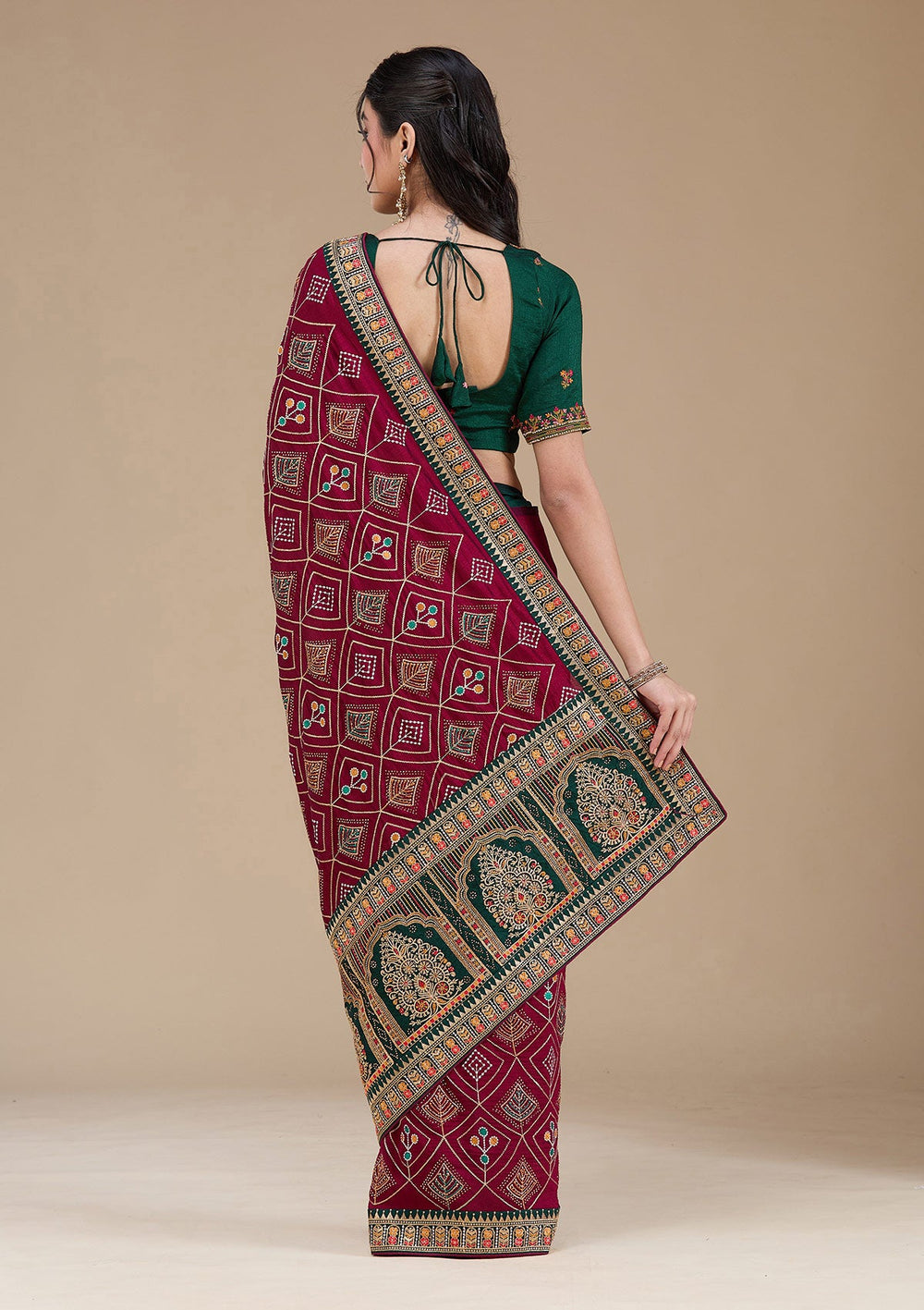 Wine Threadwork Soft Raw Silk Saree_koskii