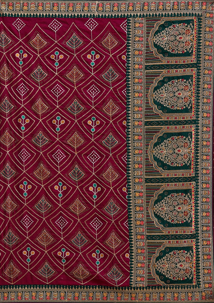 Wine Threadwork Soft Raw Silk Saree_koskii