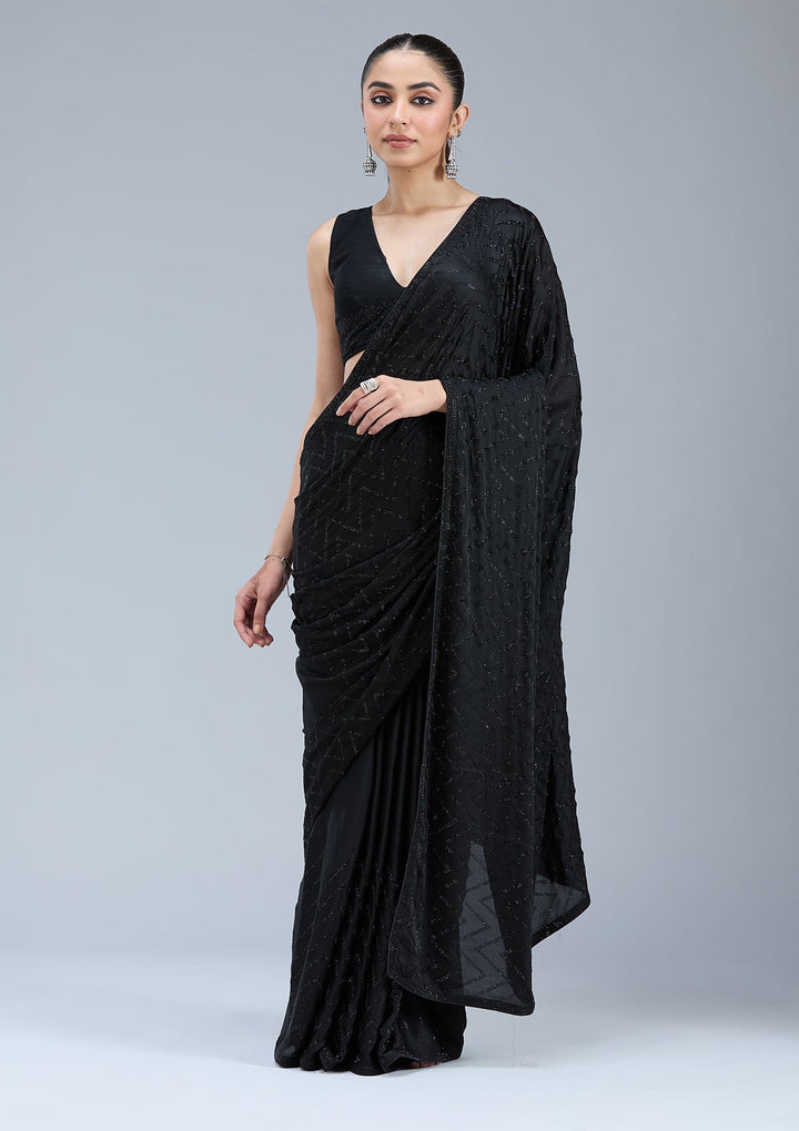 Black Stonework (Silver) Organza Saree_koskii