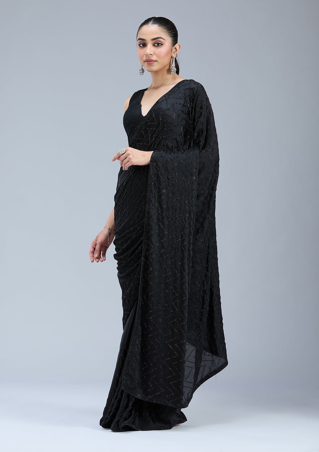 Black Stonework (Silver) Organza Saree_koskii