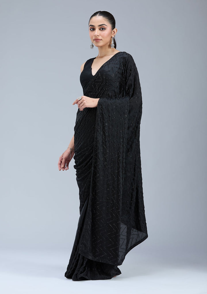 Black Stonework (Silver) Organza Saree_koskii