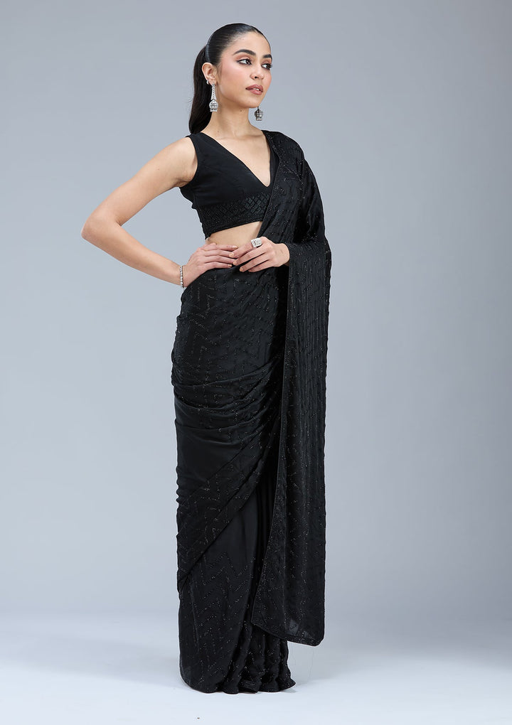 Black Stonework (Silver) Organza Saree_koskii