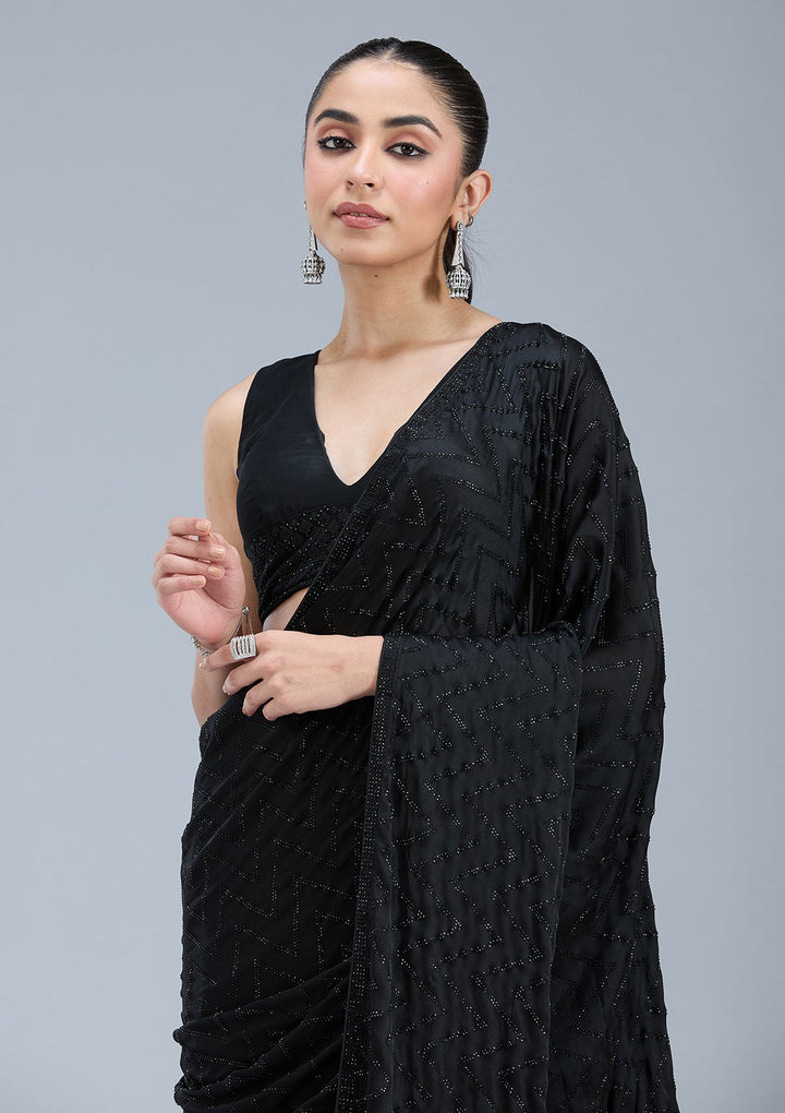 Black Stonework (Silver) Organza Saree_koskii