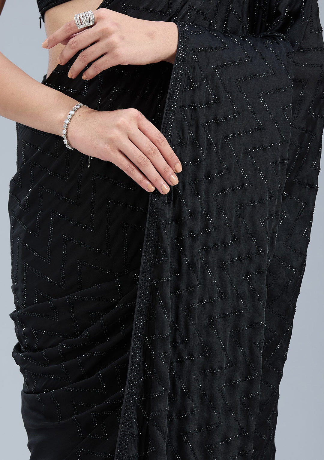 Black Stonework (Silver) Organza Saree_koskii