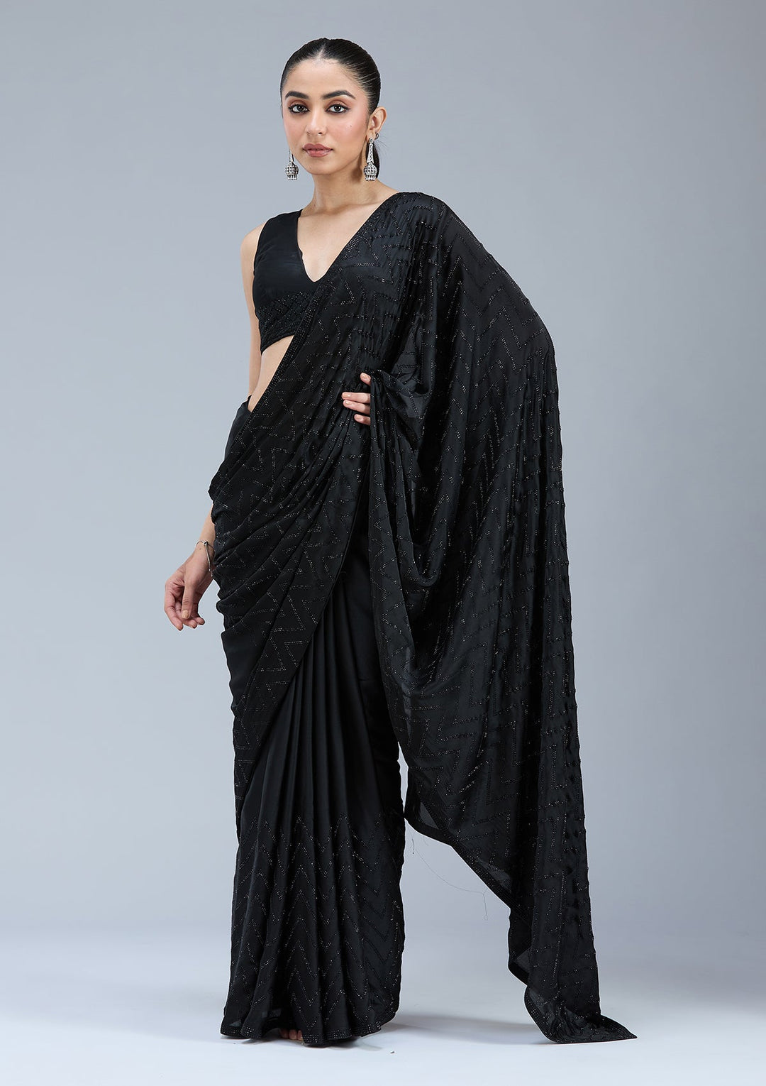 Black Stonework (Silver) Organza Saree_koskii