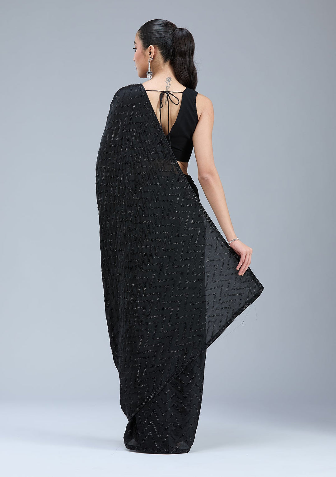 Black Stonework (Silver) Organza Saree_koskii