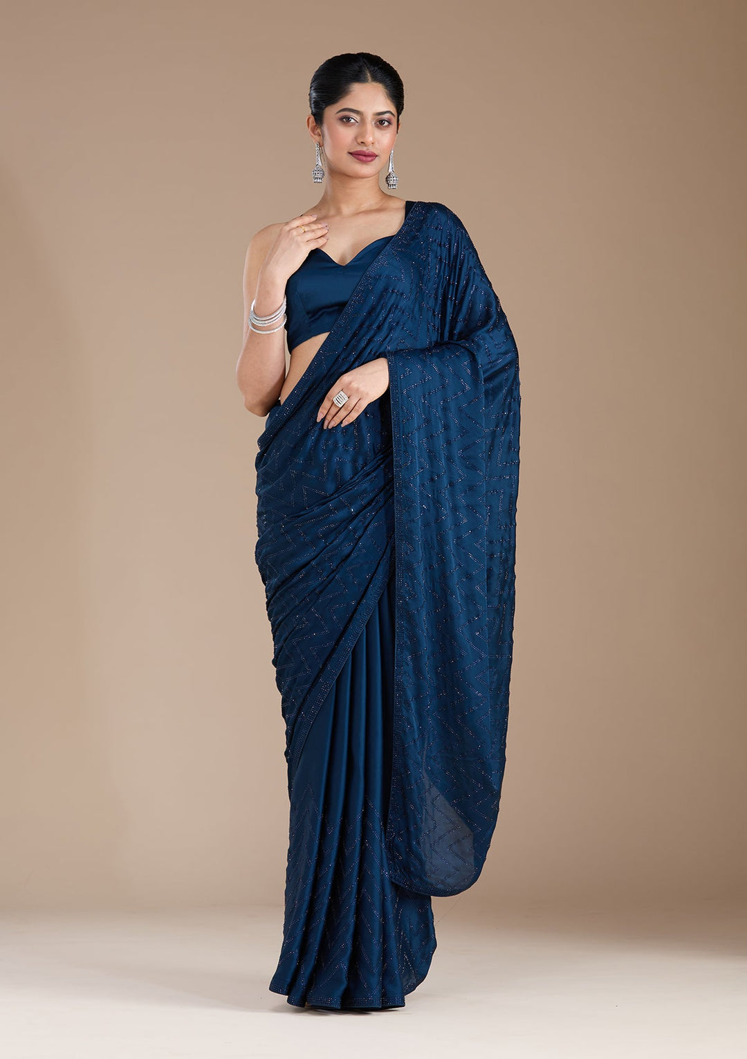 Navy Blue Stonework (Silver) Organza Saree_koskii