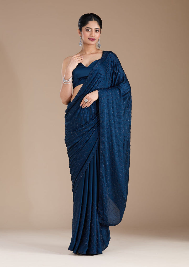 Navy Blue Stonework (Silver) Organza Saree_koskii