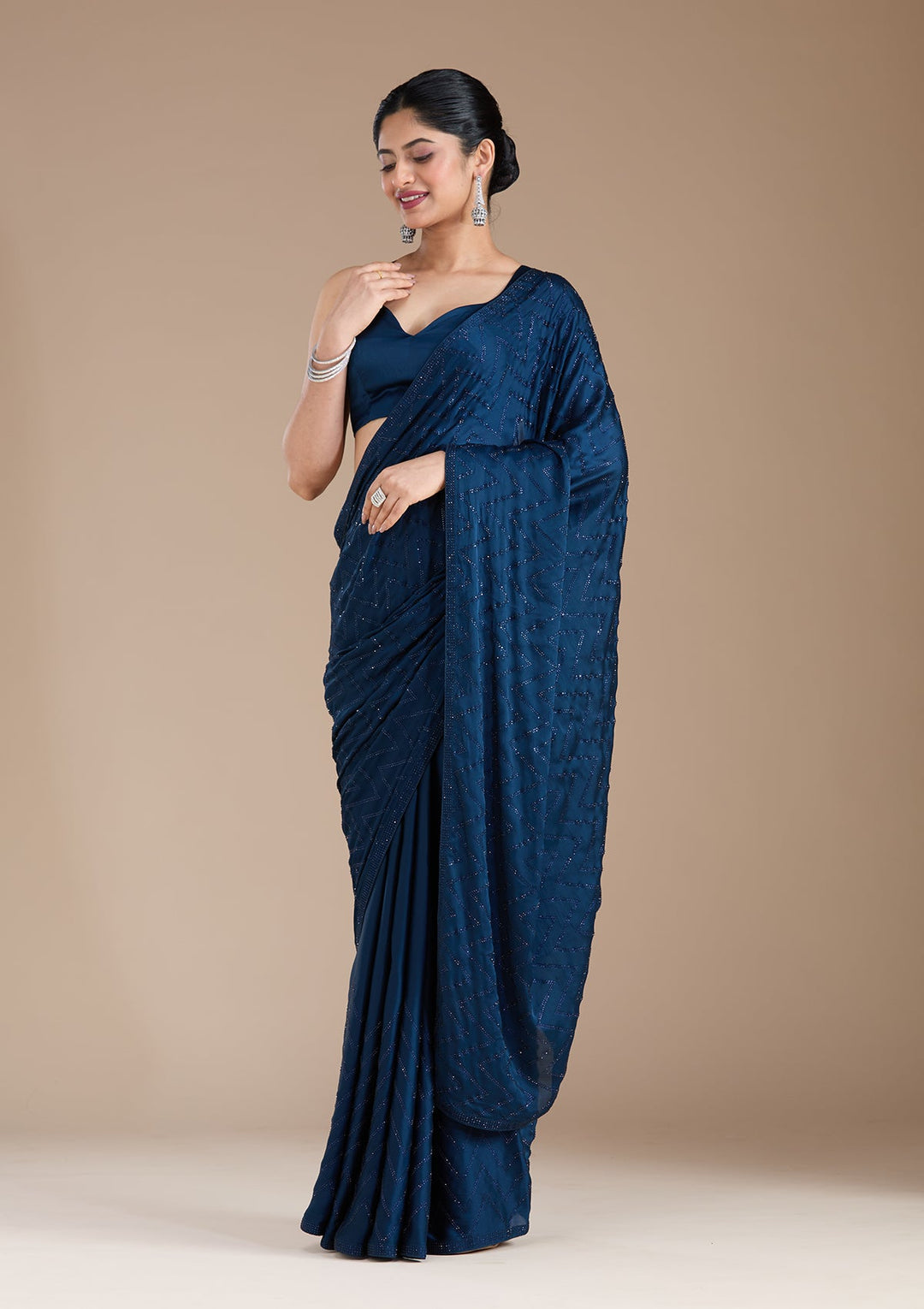 Navy Blue Stonework (Silver) Organza Saree_koskii
