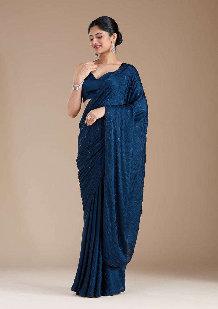 Navy Blue Stonework (Silver) Organza Saree_koskii