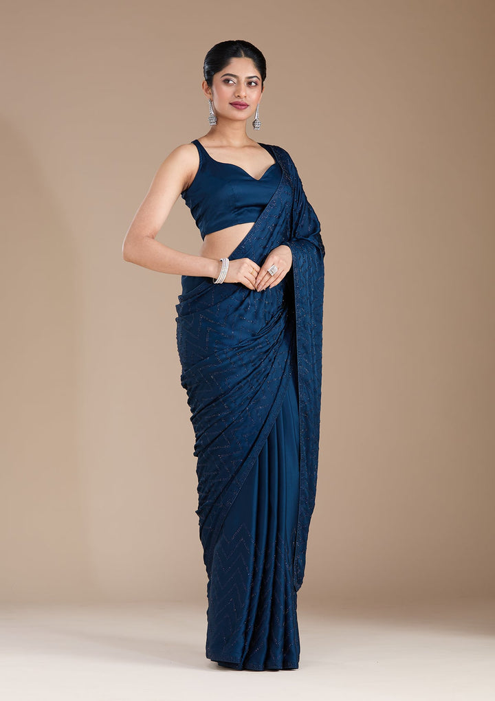 Navy Blue Stonework (Silver) Organza Saree_koskii
