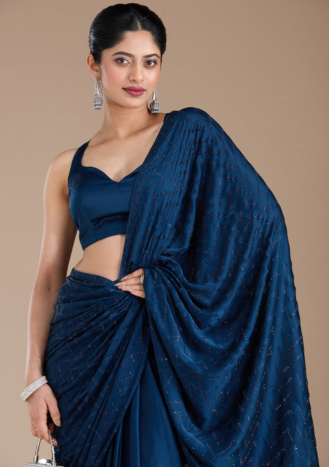 Navy Blue Stonework (Silver) Organza Saree_koskii