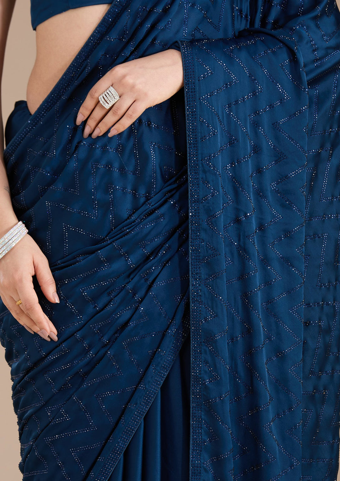 Navy Blue Stonework (Silver) Organza Saree_koskii