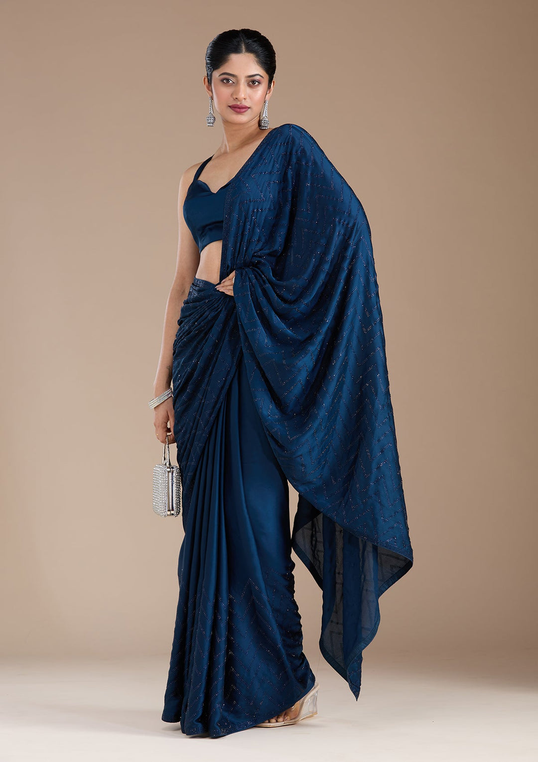 Navy Blue Stonework (Silver) Organza Saree_koskii