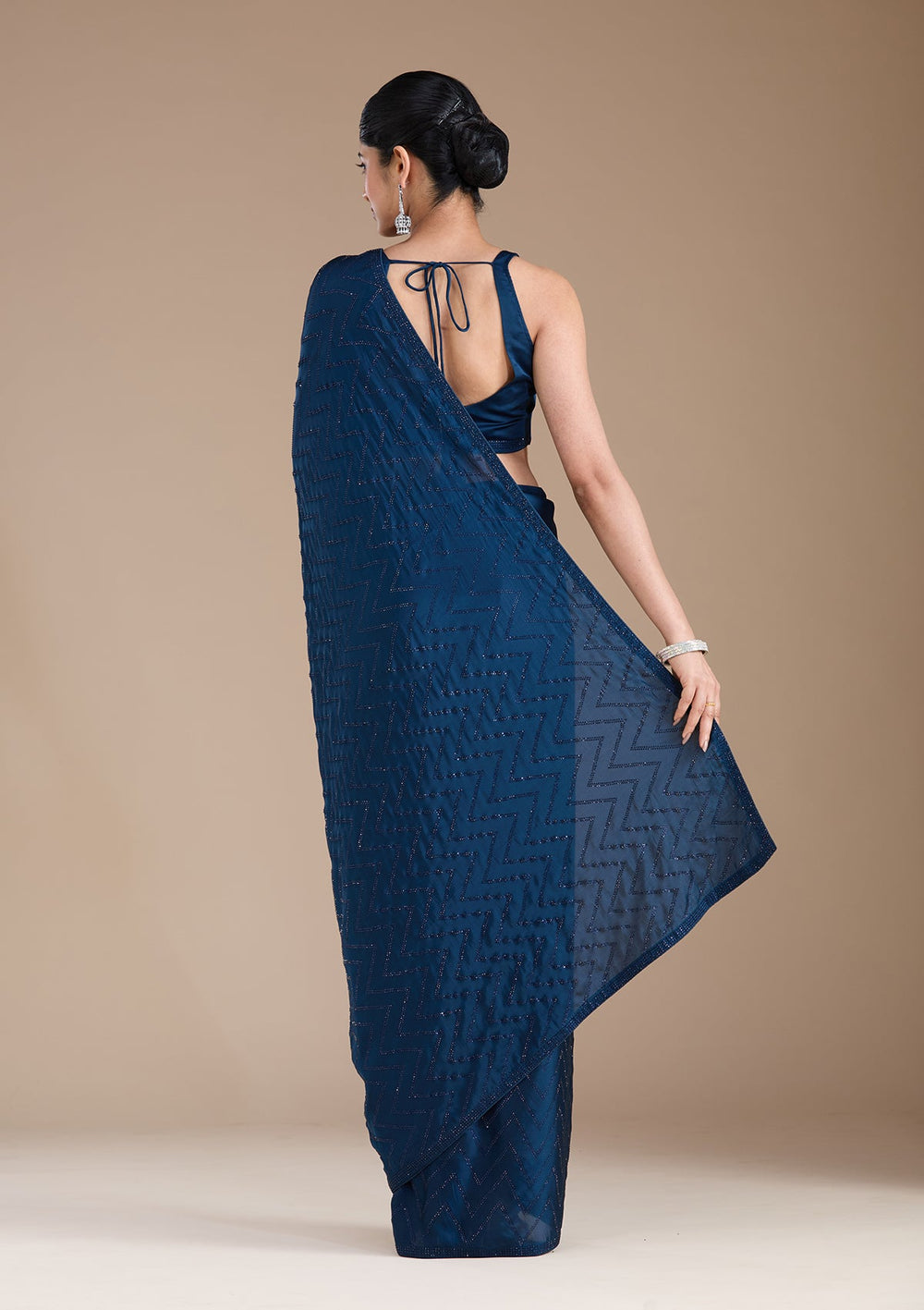 Navy Blue Stonework (Silver) Organza Saree_koskii