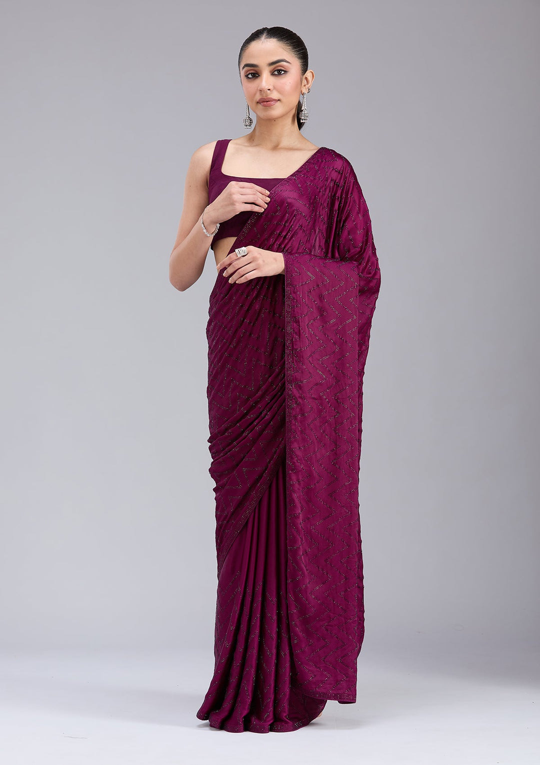 Wine Stonework (Silver) Organza Saree_koskii